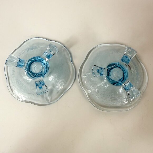 Fostoria Glass Versailles Azure Blue 3-Toed Candle Holders Set Of 2 - Picture 6 of 6
